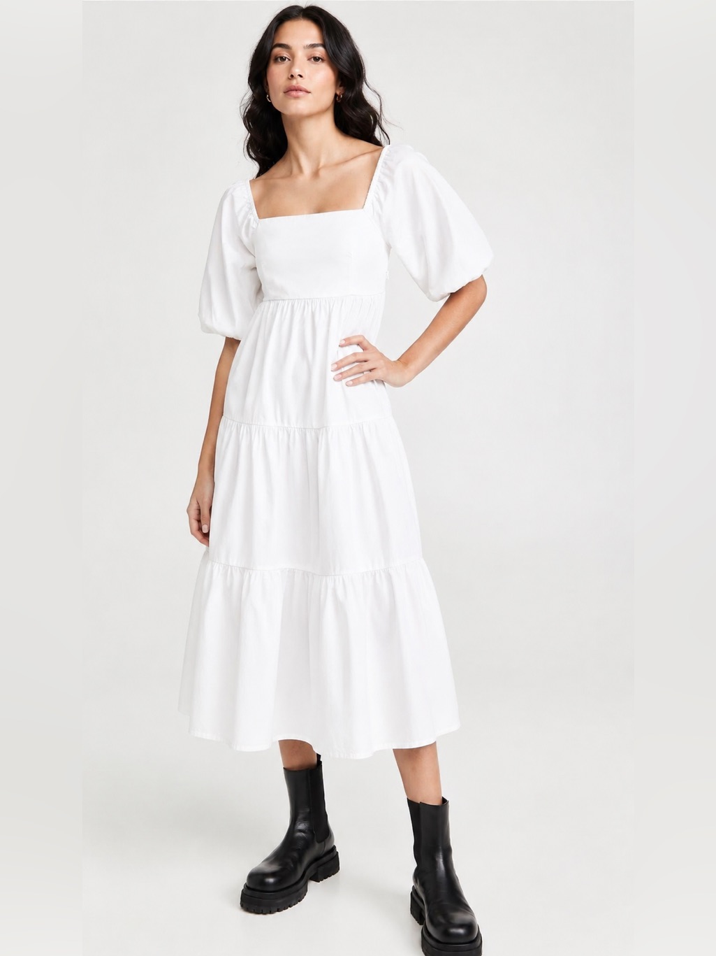 Faithfull The Brand Kiona Midi Dress, White Tiered Puff Sleeve Size 2